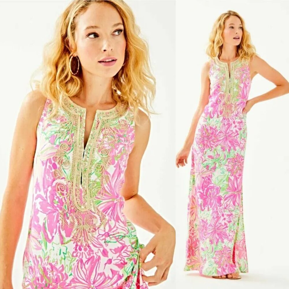 Lilly Pulitzer CARLOTTA Koala Me Maybe MAXI caftan DRESS soutache gold trim 0